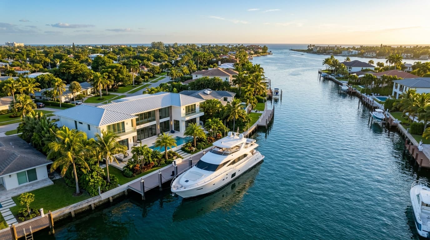 Aerial of the finger isles and Intracoastal waterway in Fort Lauderdale at golden hour