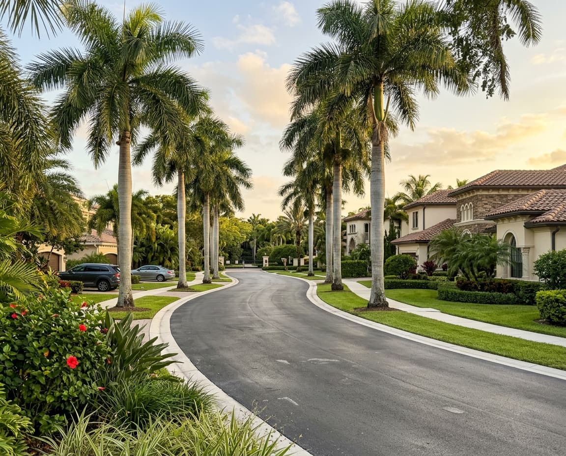 Master-planned Weston street lined with royal palms under warm evening light