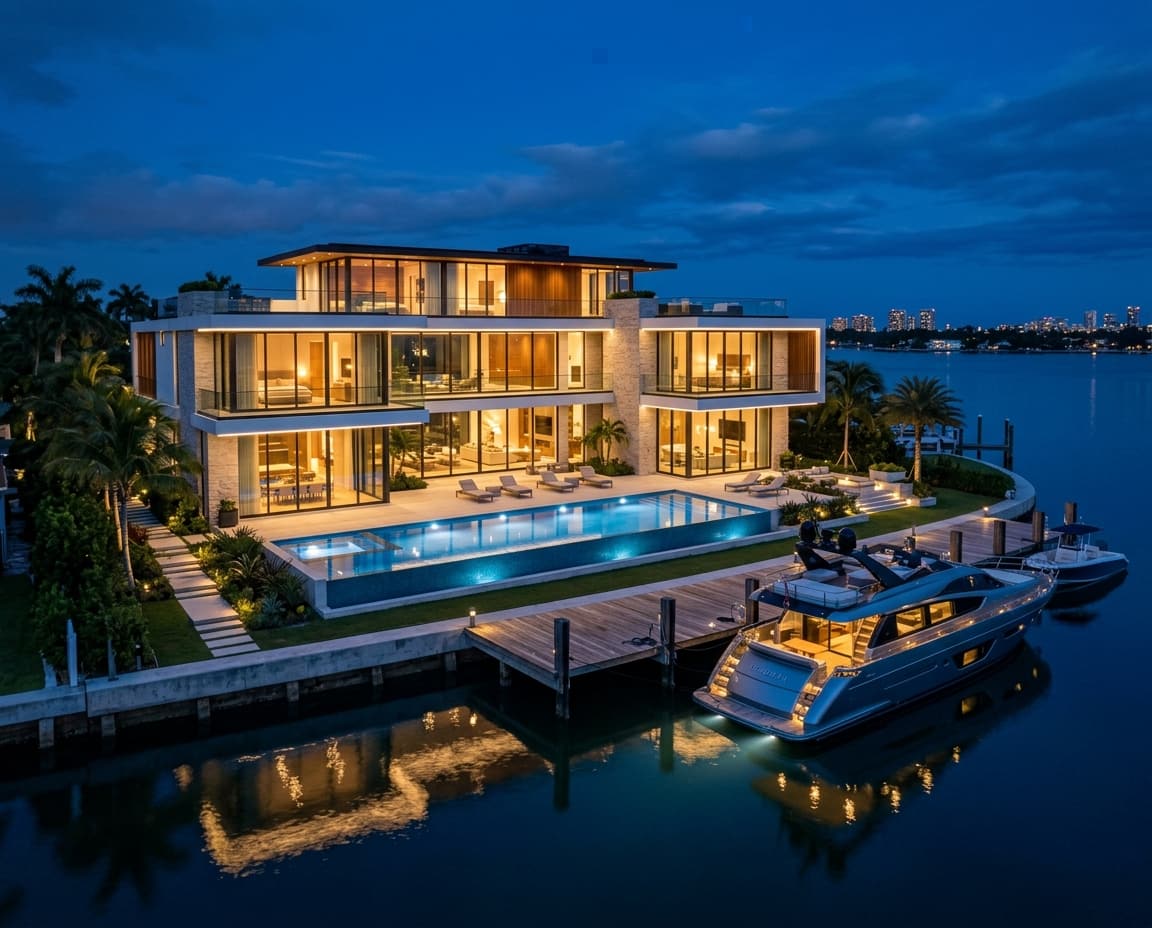 Golden-hour aerial of a Fort Lauderdale canal-front home with a private dock, the kind of waterfront Mary markets