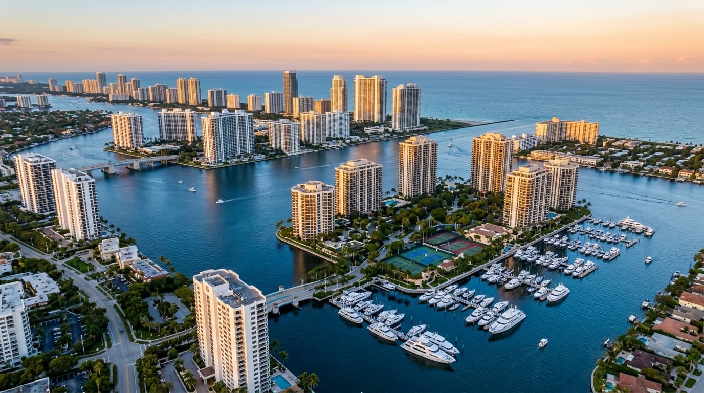 Aerial view of the Aventura waterfront, South Florida