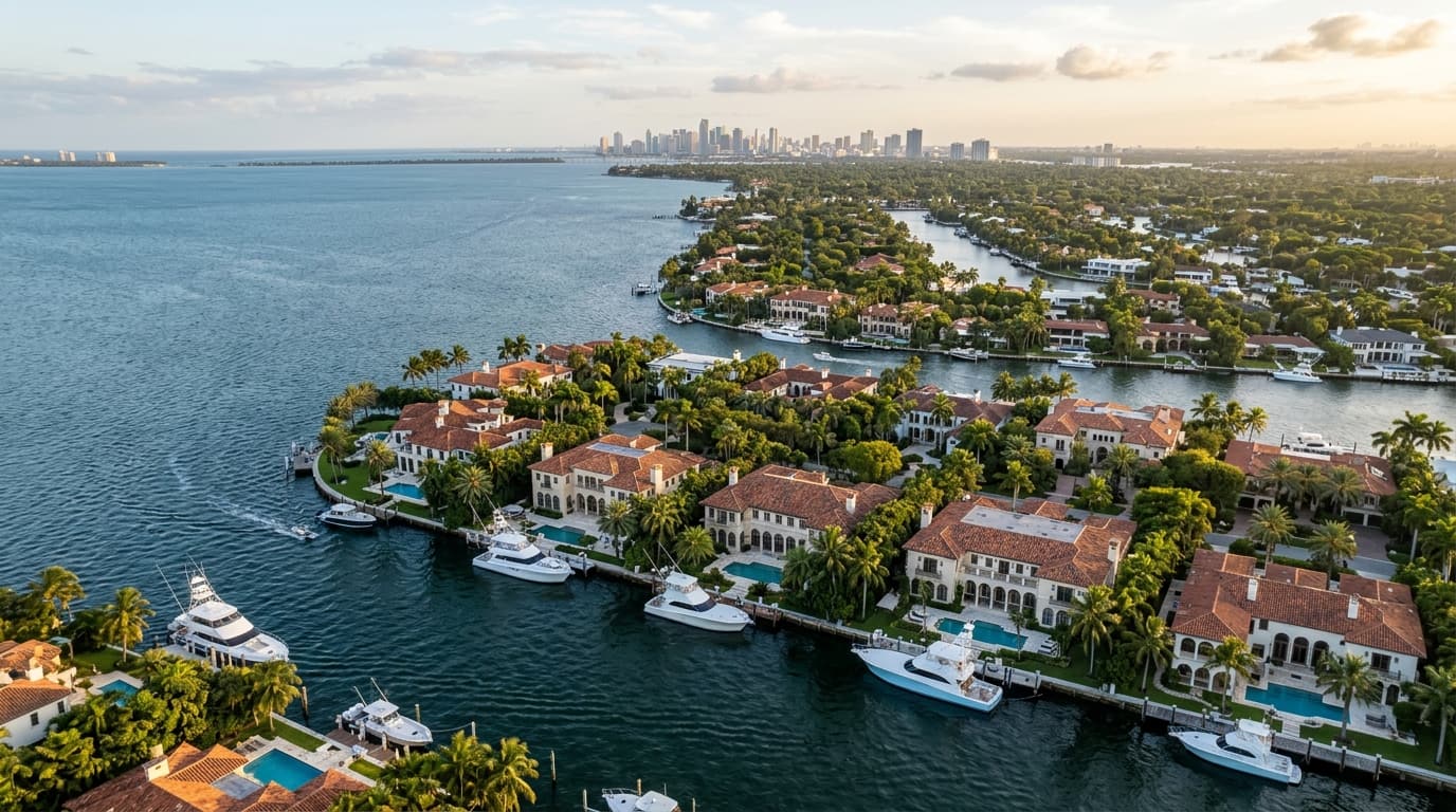 Aerial view of the Coral Gables waterfront, South Florida