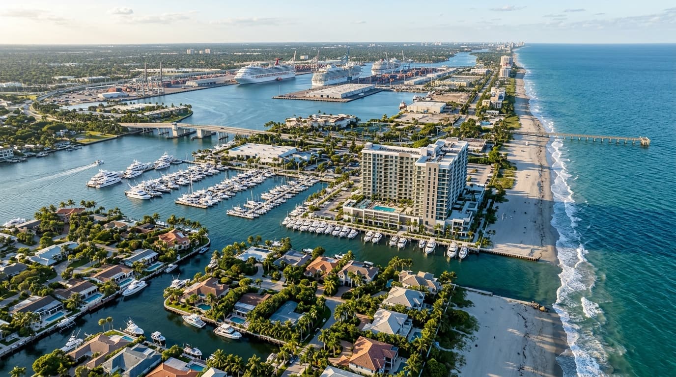 Aerial view of the Dania Beach waterfront, South Florida