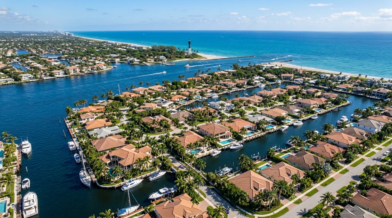 Aerial view of the Deerfield Beach waterfront, South Florida