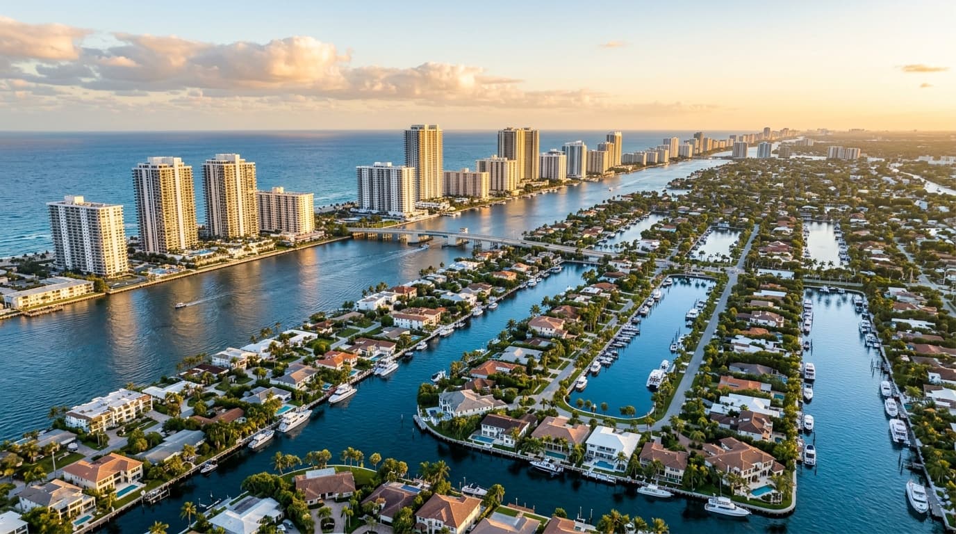 Aerial view of the Hallandale Beach waterfront, South Florida