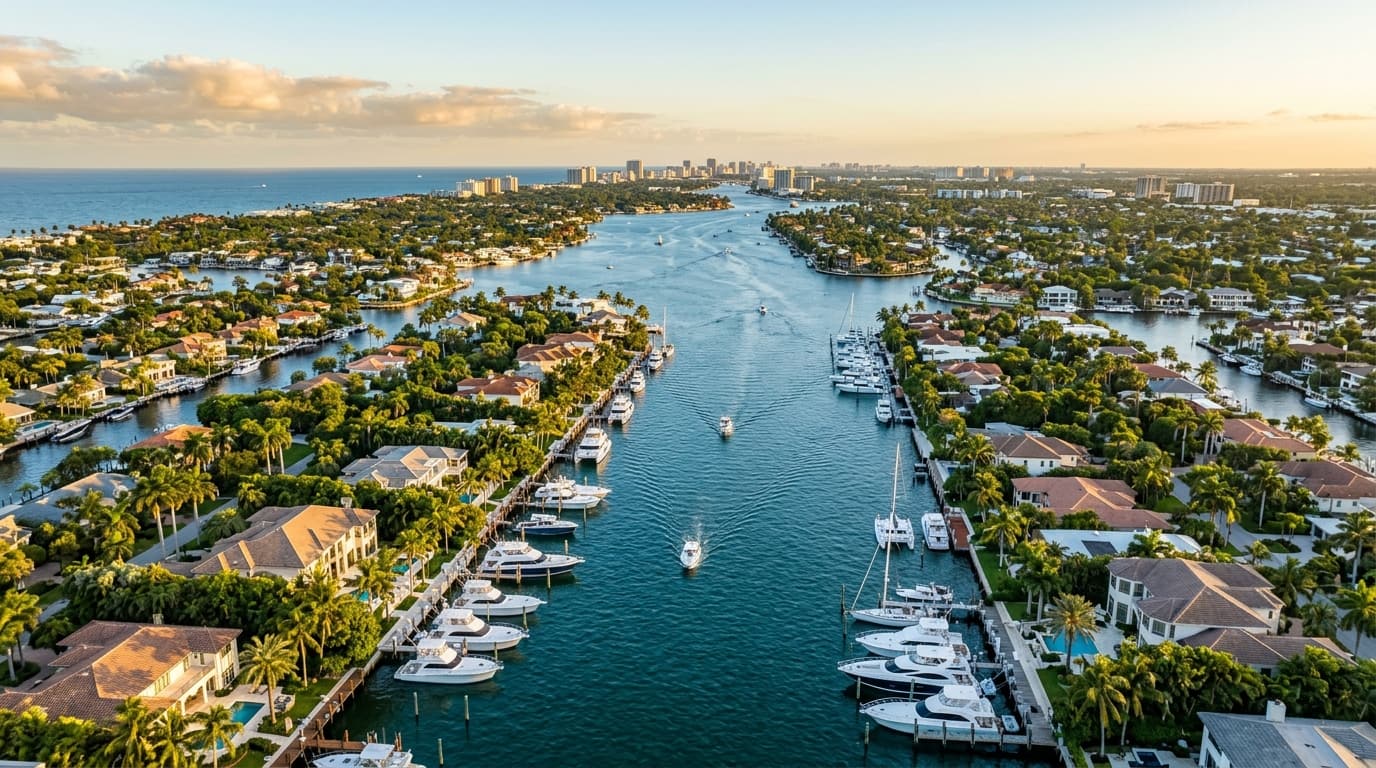 Aerial view of South Florida waterfront homes