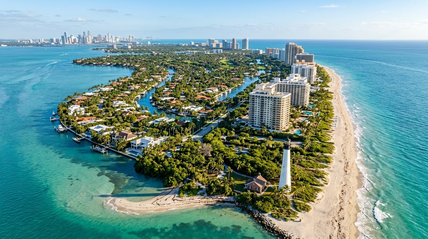 Aerial view of the Key Biscayne waterfront, South Florida