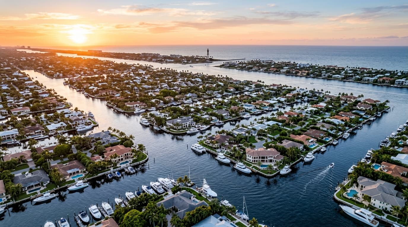 Aerial view of the Lighthouse Point waterfront, South Florida