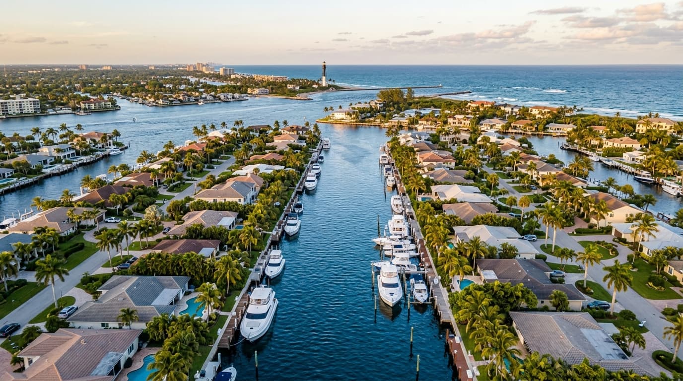 Aerial view of the Pompano Beach waterfront, South Florida