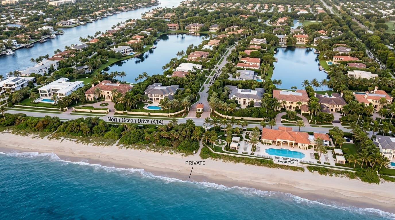 Aerial view of the Sea Ranch Lakes waterfront, South Florida