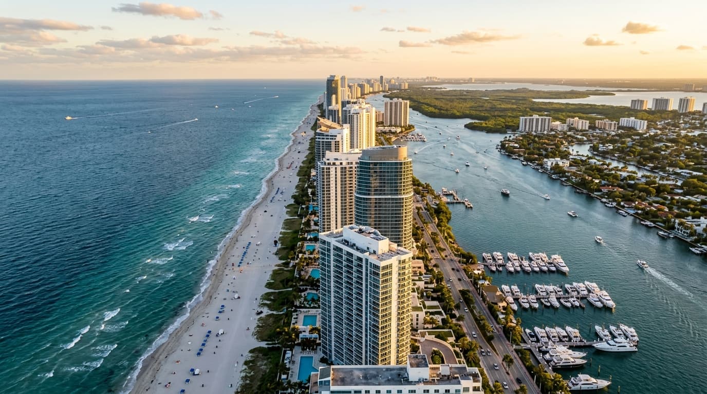 Aerial view of the Sunny Isles Beach waterfront, South Florida
